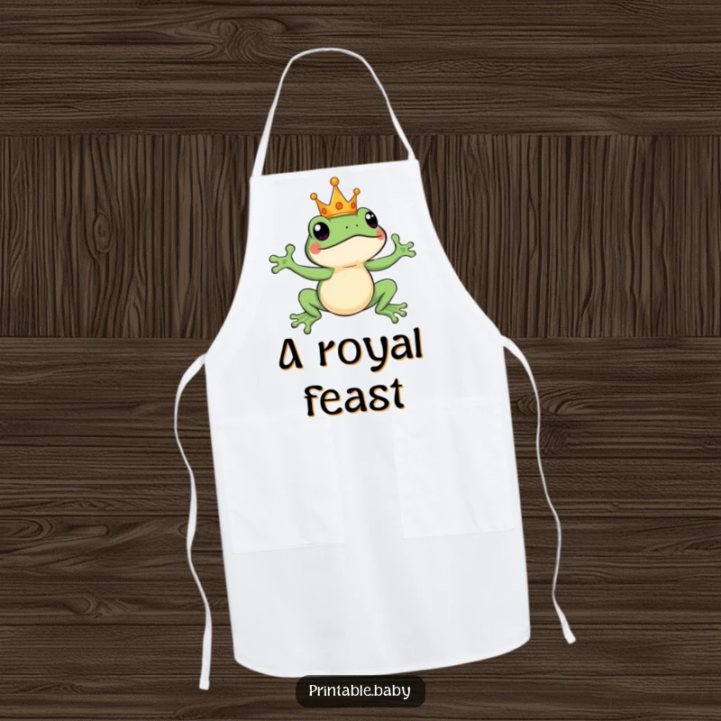 Funny leaping frog wearing a tiny crown, mid-leap, a humorous apron for a regal, comedic cooking experience.