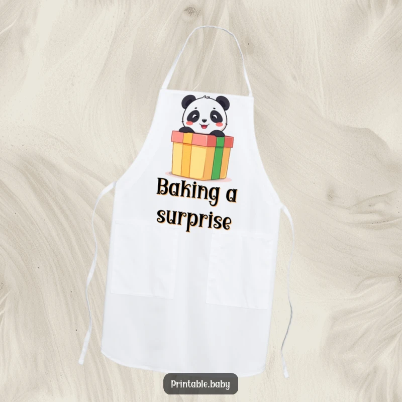 Funny kitchen apron depicting a cheerful panda bear popping out of a giant gift box, perfect for adding fun to cooking.