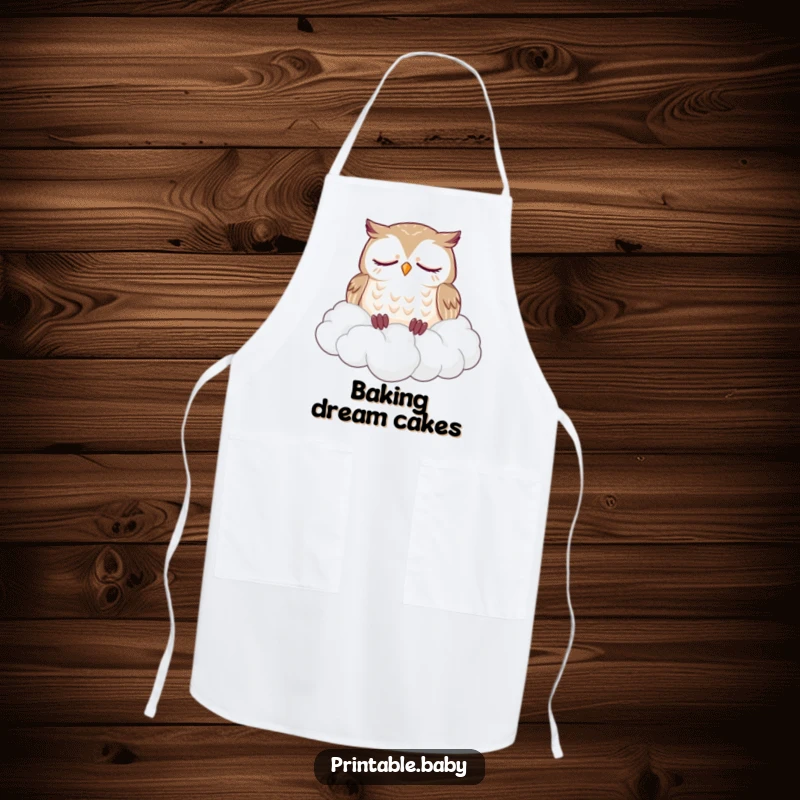 Funny apron featuring a sleepy owl dozing soundly on a fluffy pile of clouds, a humorous and practical kitchen accessory.