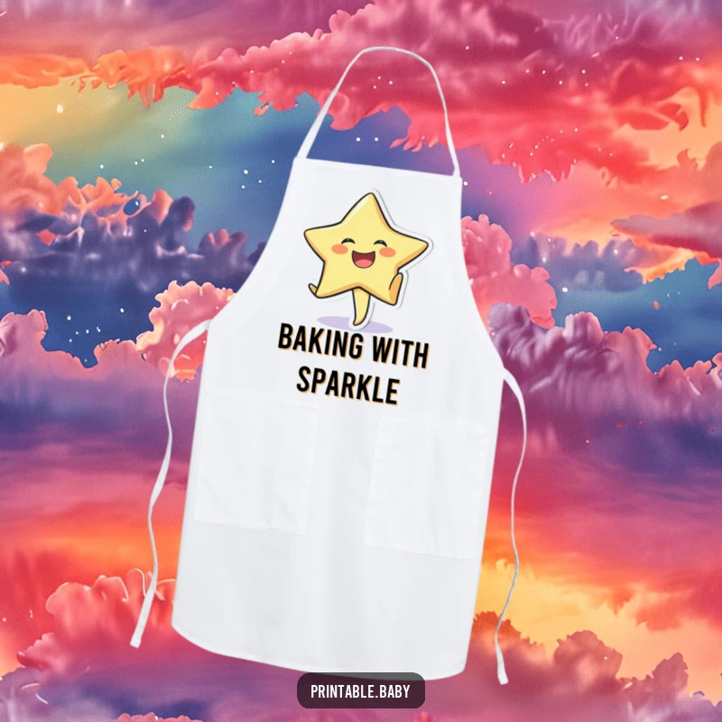 Funny apron with a laughing star sticker character doing a cartwheel on textured paper, for cooking.