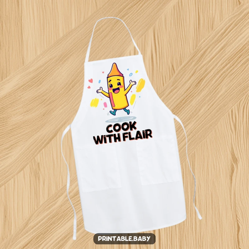 Funny playful crayon character apron, dancing joyfully around a sketchbook, perfect for protecting clothes during art projects with humor.