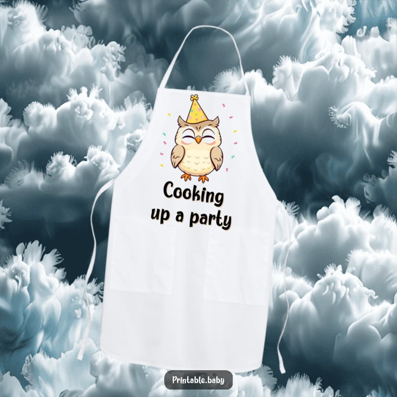 Funny kitchen apron showing a giggling owl wearing a party hat with confetti falling, perfect for festive cooking and hosting.
