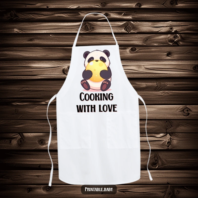Funny apron featuring a sweet panda bear hugging a glowing planet, adding humor and environmental love to kitchen activities.