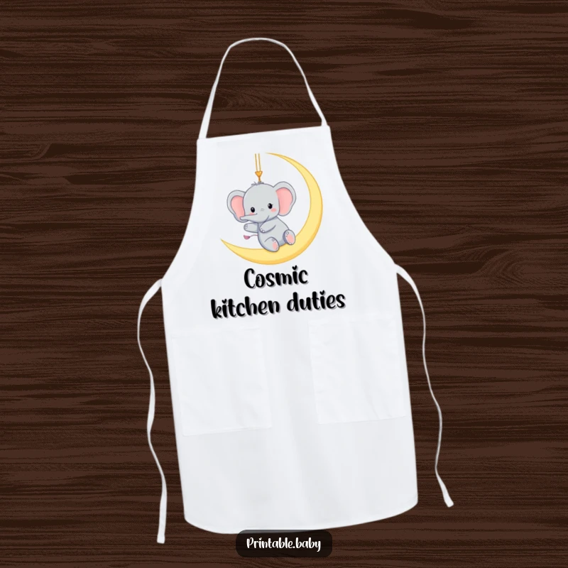 Funny apron featuring a tiny elephant gleefully swinging from a crescent moon, a humorous and practical accessory for nighttime chefs.