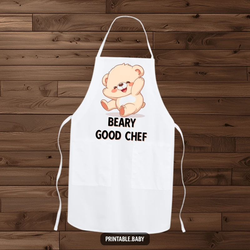Funny bear cub apron, fluffy animal tumbling, humorous kitchen accessory for chefs and bakers.