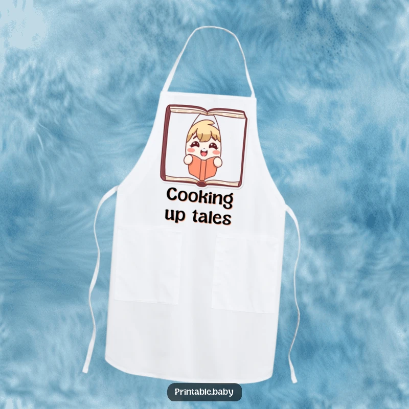 Funny Apron with a smiling book character peeking from pages, perfect for bookish chefs and kitchen fun.