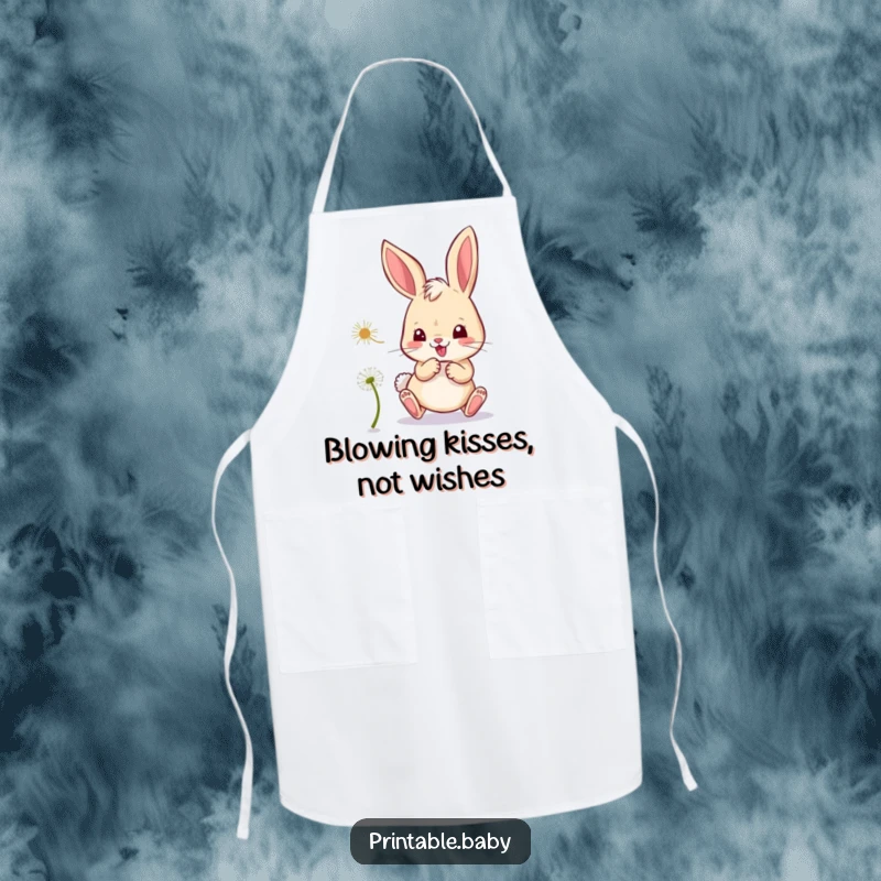 Funny bunny apron, mischievous bunny playfully chasing a dandelion seed, perfect for cooking.