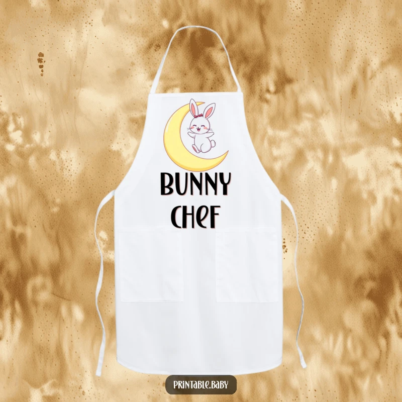 Funny apron with a giggling bunny hopping on a large crescent moon, ready for kitchen magic.