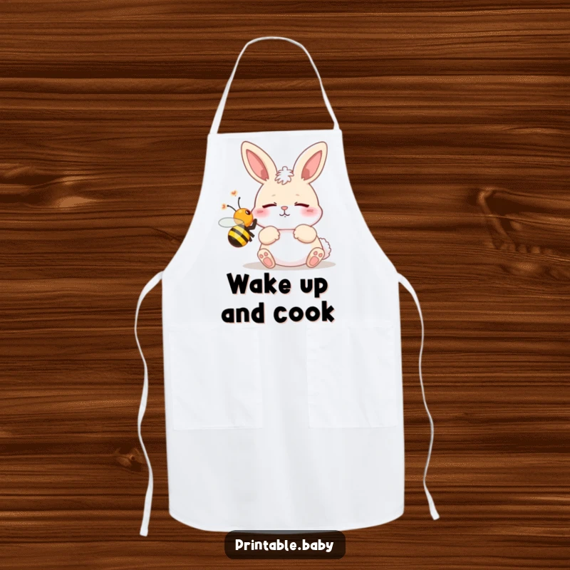 Funny apron with a graphic of a bunny startled by a buzzing bee, ideal for kitchen fun and protection.