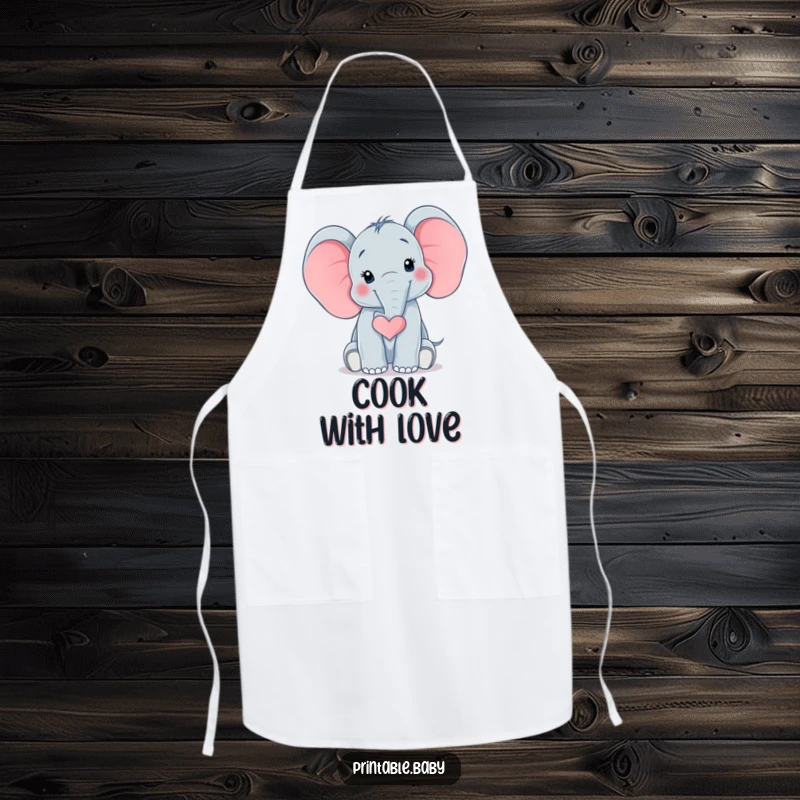Funny Elephant Heart Apron showing a surprised baby elephant with its trunk curled into a heart shape, bringing heartwarming humor to kitchen tasks.