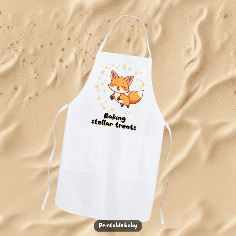 Funny Apron showing a smiling fox leaping through twinkling constellations, ideal for adding whimsy to cooking.