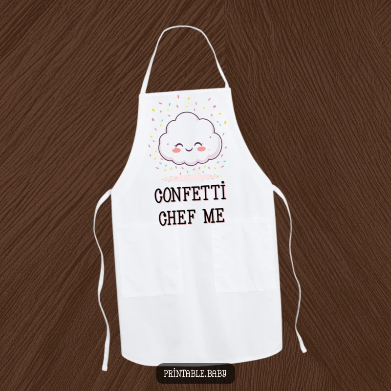 Funny giggling cloud character apron, raining colorful confetti onto a blank page, perfect for protecting clothes during creative tasks.