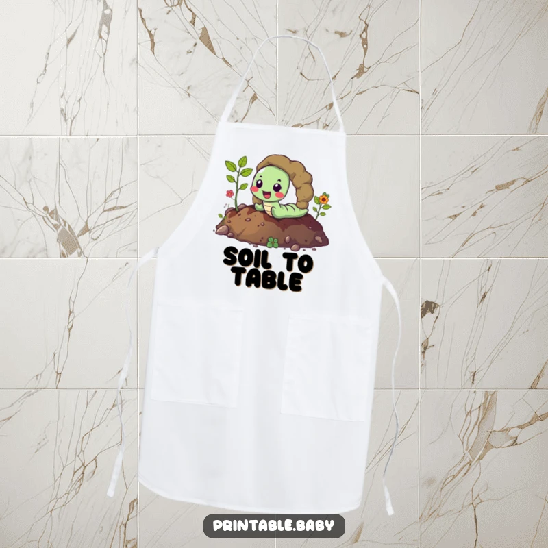 Funny happy worm joyfully tunneling through vibrant soil, leaving a path, a humorous apron for an earthy cooking experience.