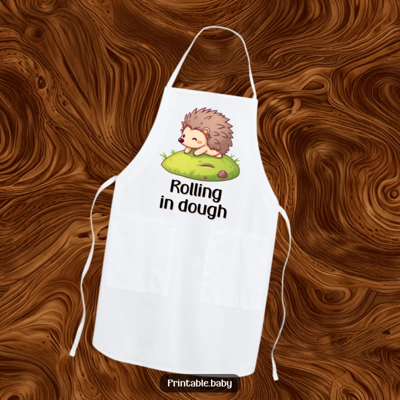 Funny apron featuring a happy hedgehog rolling down a grassy hill, adding a touch of playful joy to kitchen tasks.
