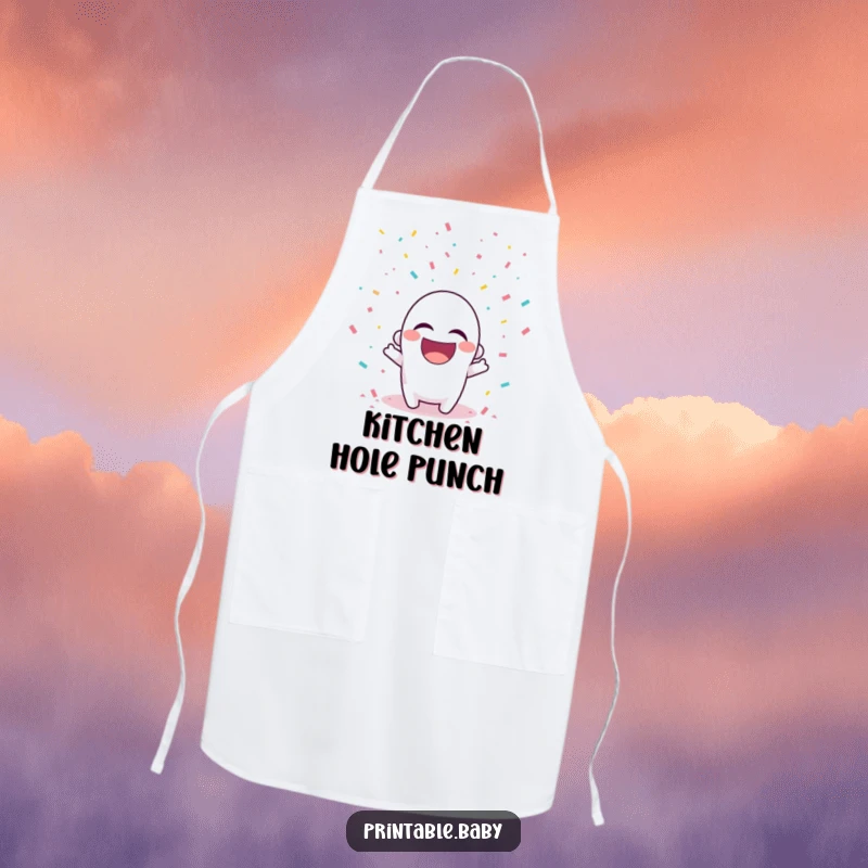 Funny apron with a laughing hole punch character amidst falling confetti, for festive cooking.