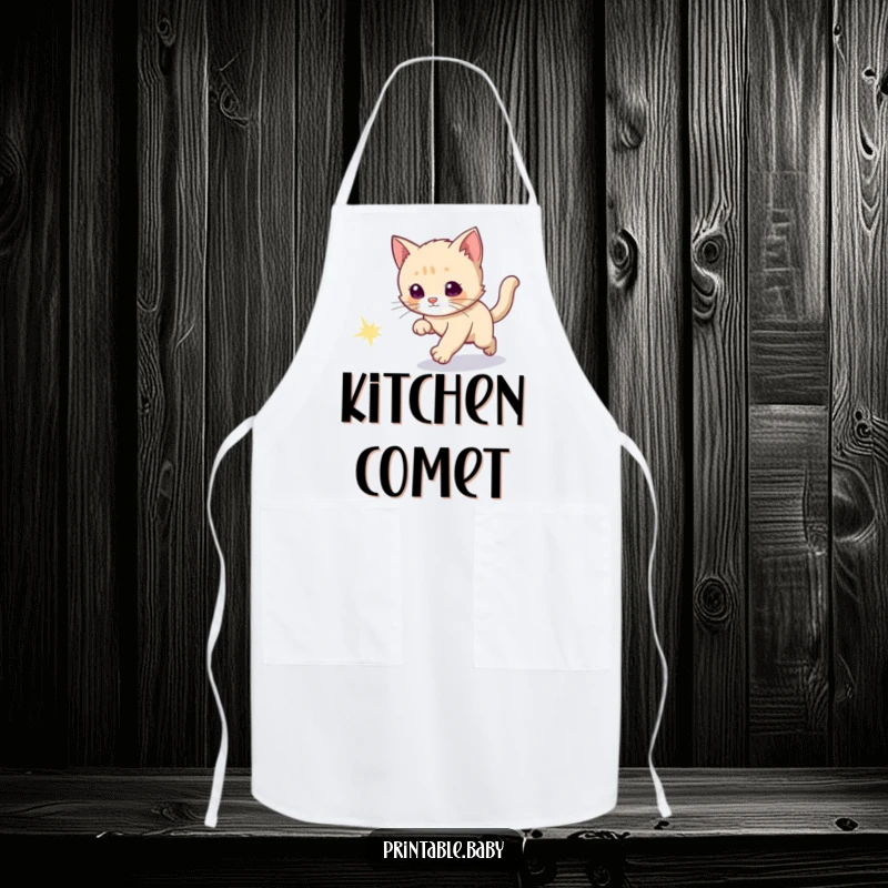 Funny apron with a curious kitten chasing a sparkly comet tail, ready for cosmic kitchen pursuits.