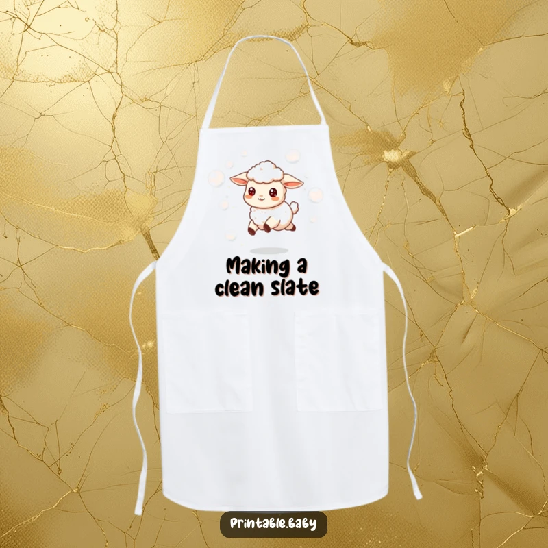Funny apron showcasing a cheerful lamb skipping happily, surrounded by floating bubbles, adding fun to the kitchen.