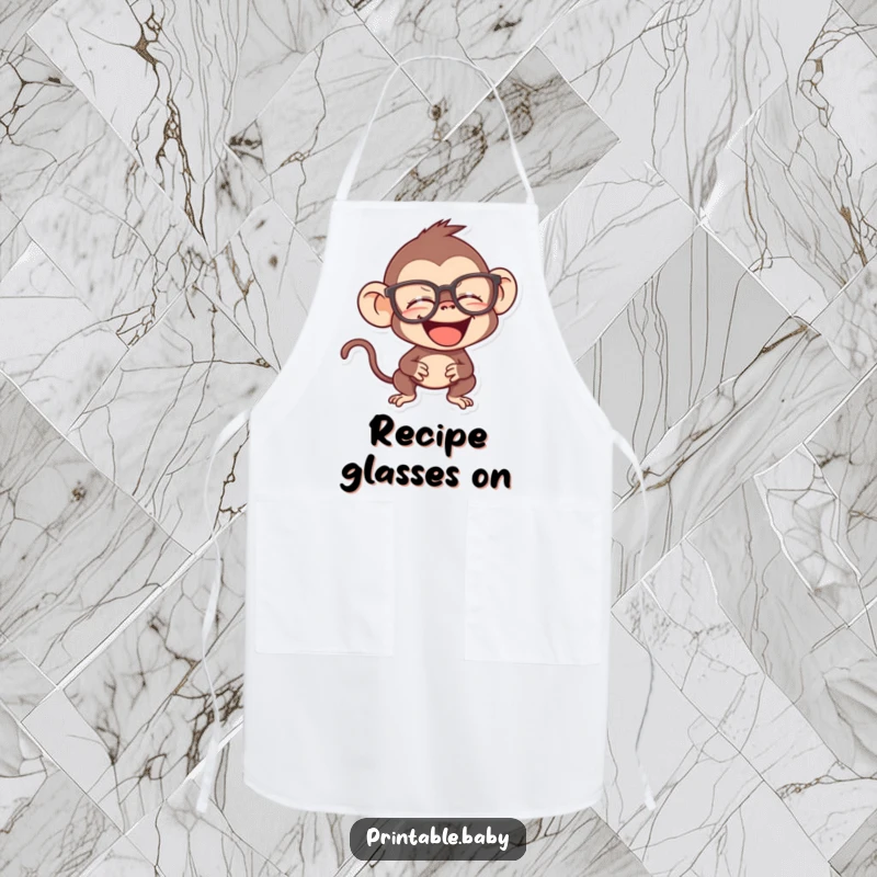 Funny monkey apron, mischievous primate giggling behind oversized spectacles while cooking, smart chef apparel.