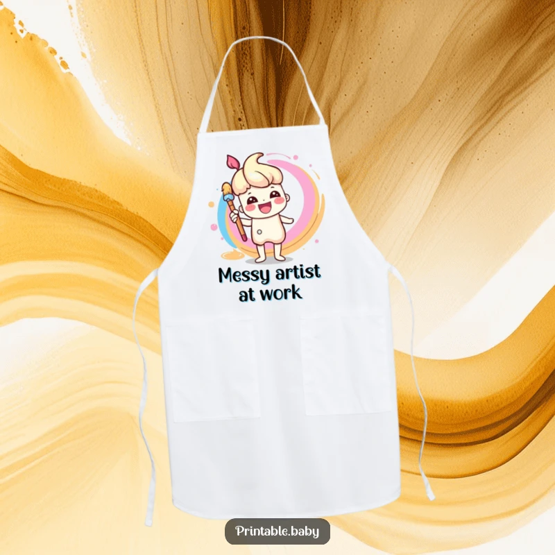 Funny Paintbrush Apron: A kitchen apron designed with a cheerful paintbrush character painting a rainbow swirl, great for creative cooks.