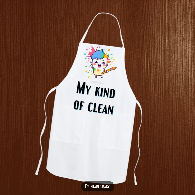 Funny paintbrush rainbow apron with a cheerful paintbrush character splattering rainbow colors, ideal for protecting clothes while painting.