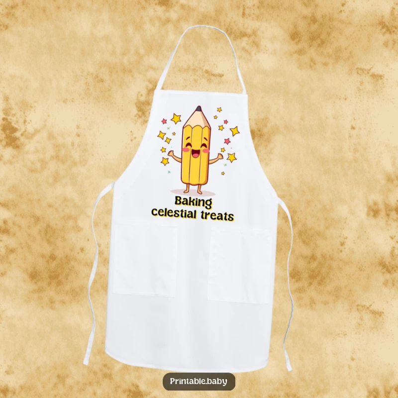 Funny Pencil Apron: Kitchen apron featuring a giddy pencil character scribbling colorful stars, ideal for creative chefs.
