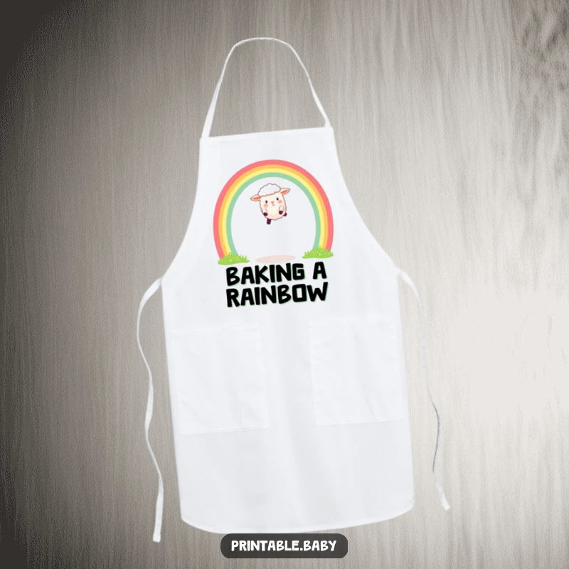 Funny kitchen apron showing a happy sheep leaping over a colorful rainbow arch, perfect for cheerful cooking.