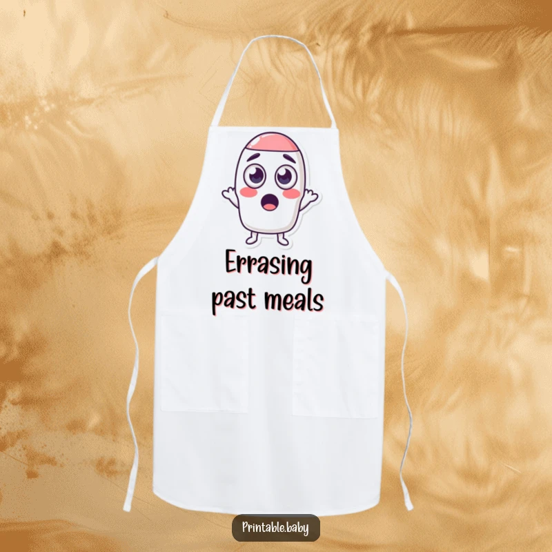 Funny apron showing a wide-eyed, surprised eraser character attempting to shrink a shape, adding humor to kitchen duties.