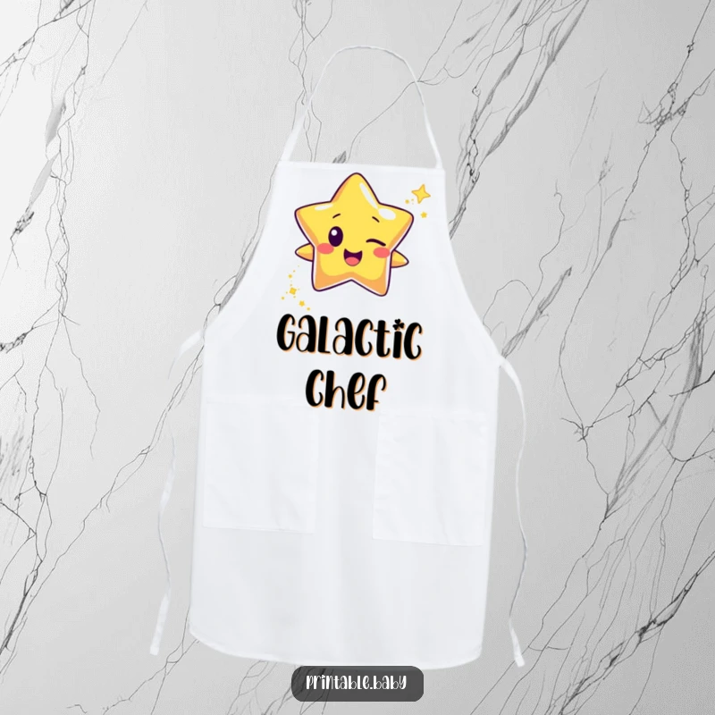 Funny happy star character apron, winking and leaving a trail of glitter, perfect for adding sparkle and humor to kitchen activities.