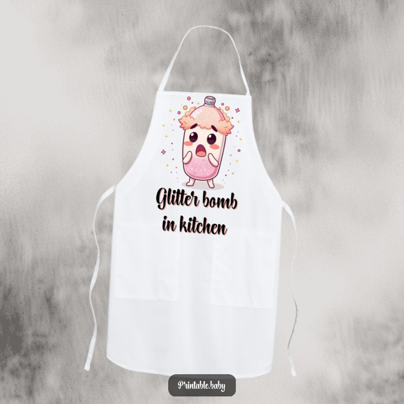 Funny apron featuring a surprised glitter shaker character erupting with shimmering dust, ideal for a humorous kitchen experience.
