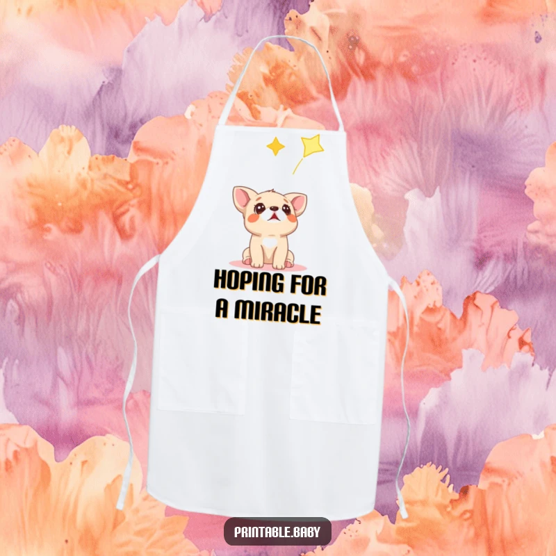 Funny apron showing a surprised dog cub looking up at a falling star, perfect for a fun kitchen.