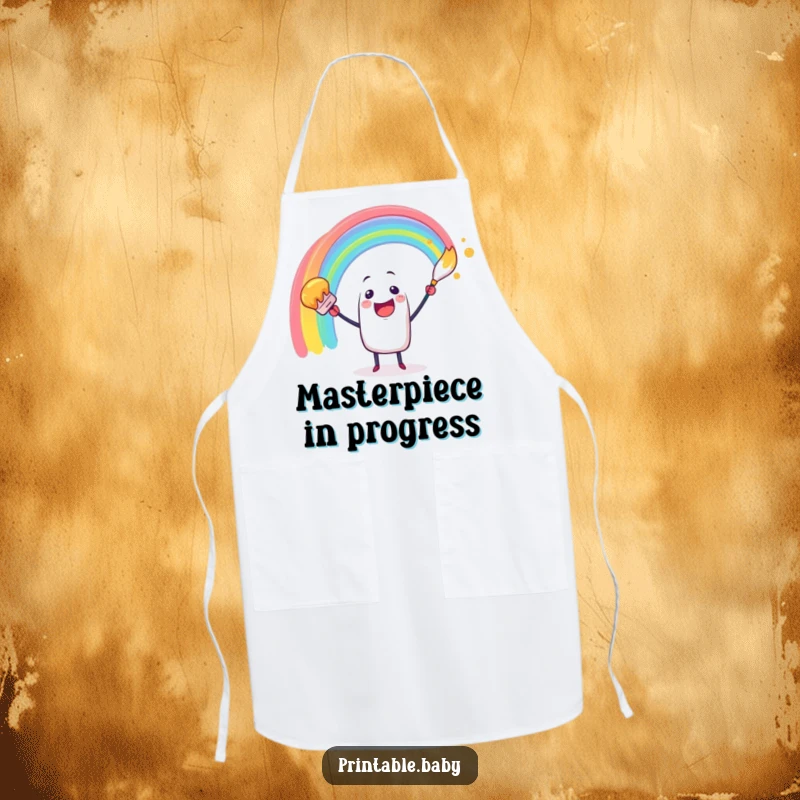 Funny apron with a cheerful paintbrush character painting a colorful rainbow arc, bringing artistic joy to the kitchen.
