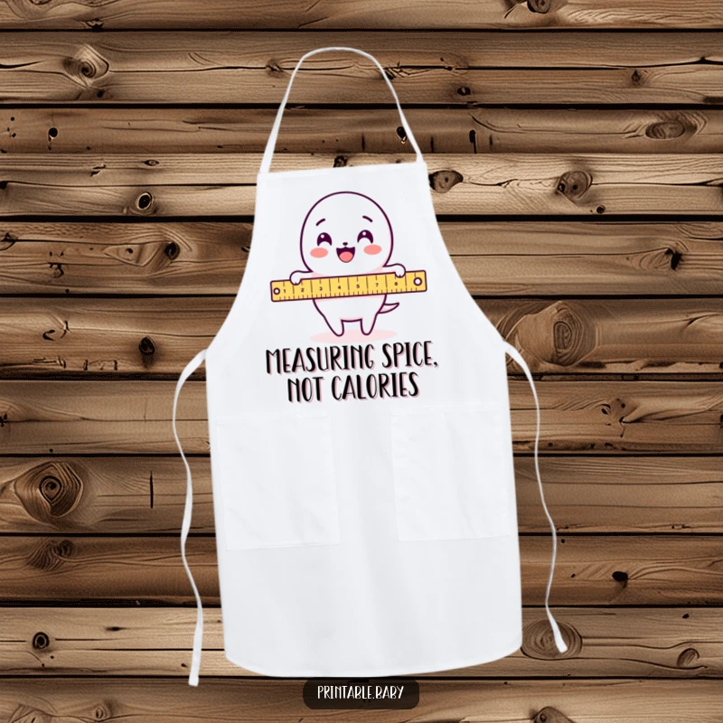 Funny Ruler Apron: Kitchen apron featuring a delighted ruler character measuring a loop-de-loop pattern, ideal for precise chefs.