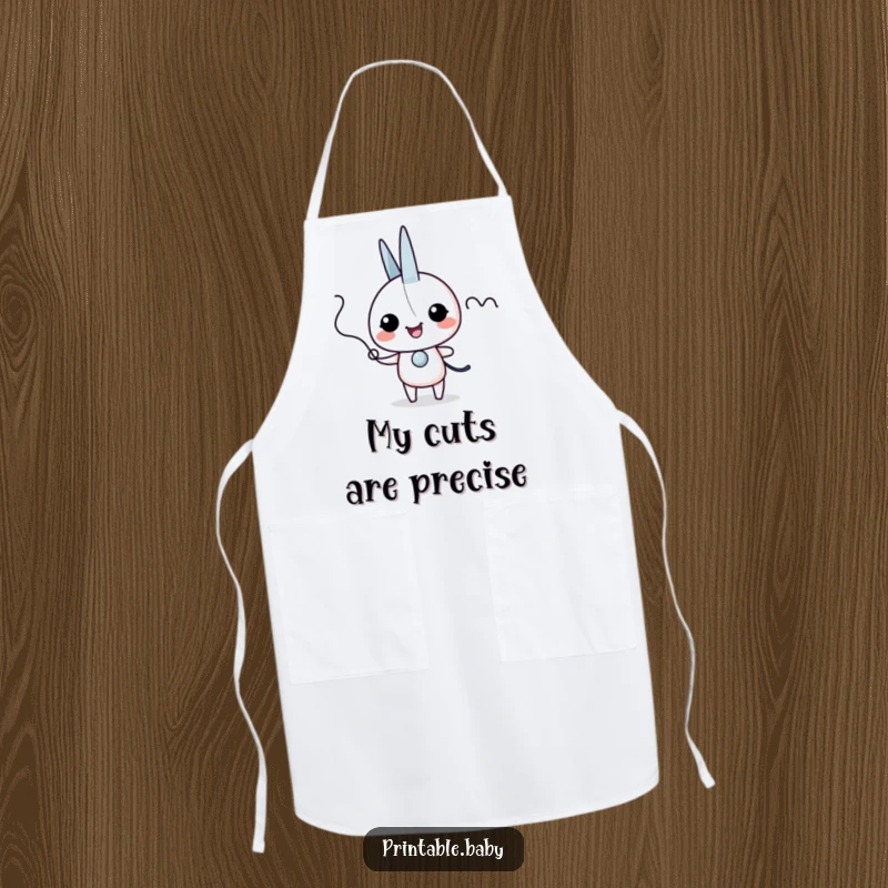 Funny scissors giggles apron with an excited scissors character snipping a wiggly line, ideal for protecting clothes while crafting.