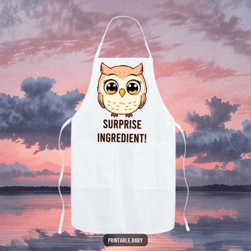 Funny owl with comically large, wide eyes, looking startled, a humorous apron for a wide-eyed, comedic cooking experience.
