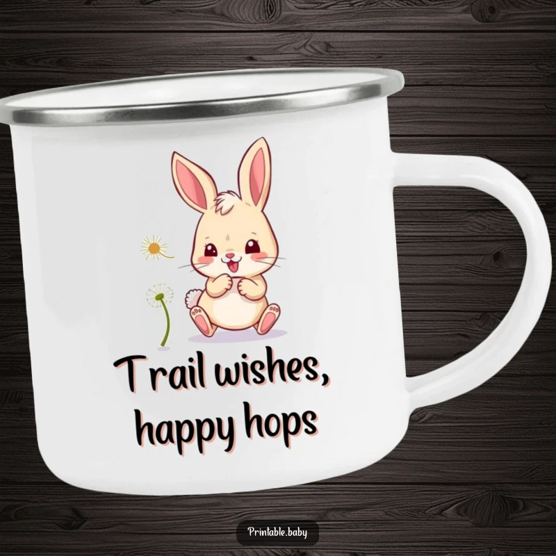 Funny bunny camping mug, mischievous bunny playfully chasing a dandelion seed, for outdoor enjoyment.