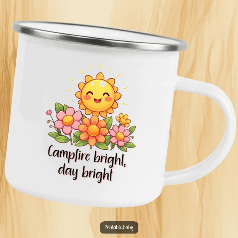Funny sun camping mug, giggling sun shining brightly on beaming flowers, for outdoor enjoyment.