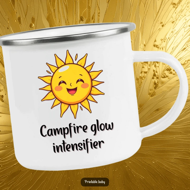 Funny grinning sun camping mug with a happy character shining brightly on an outline, perfect for outdoor enjoyment.