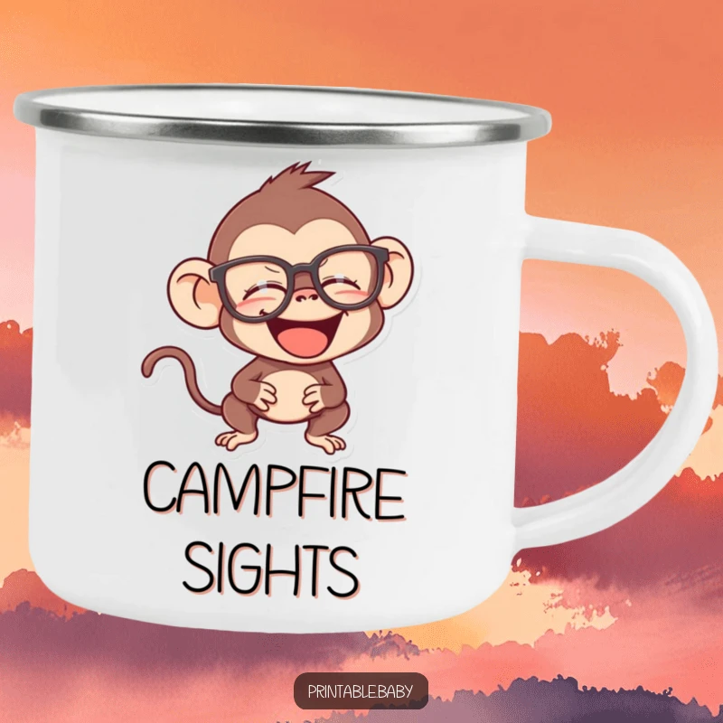 Funny monkey camping mug, enamel finish, mischievous primate giggling behind oversized spectacles, sturdy outdoor cup.