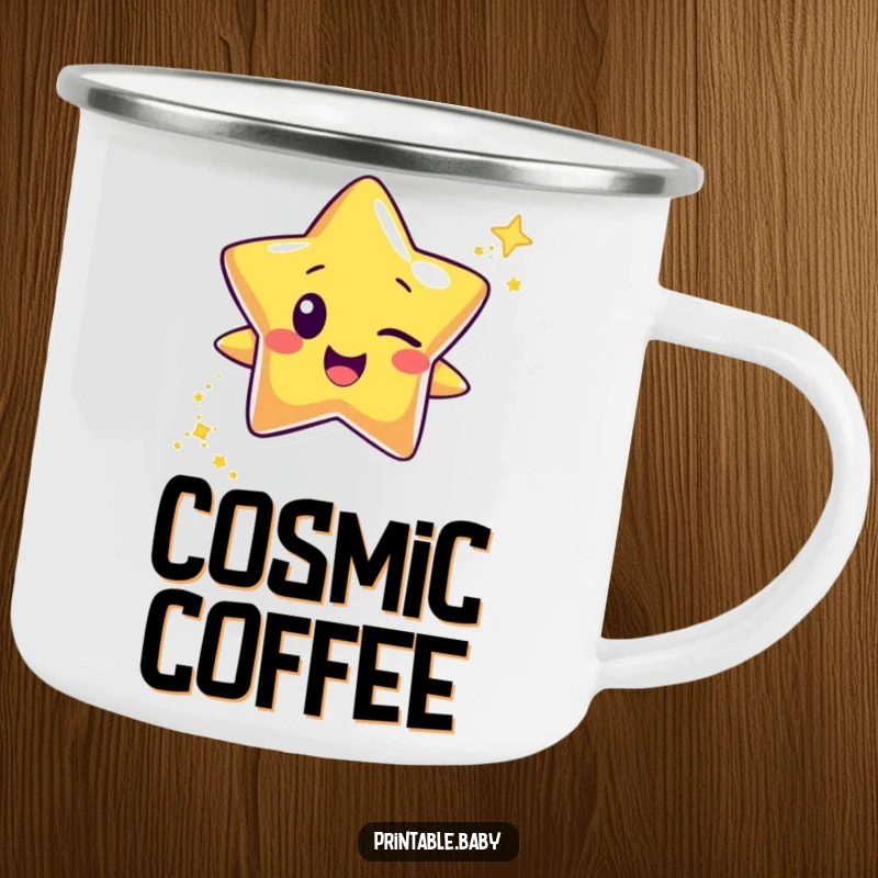 Funny happy star character camping mug, winking and leaving a glitter trail, durable for outdoor use and adding cosmic sparkle.