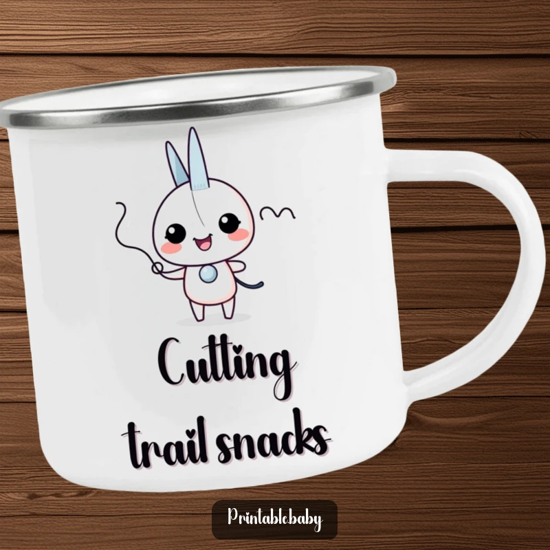 Funny scissors giggles camping mug with an excited scissors character snipping a wiggly line, durable and humorously crafty outdoor gear.