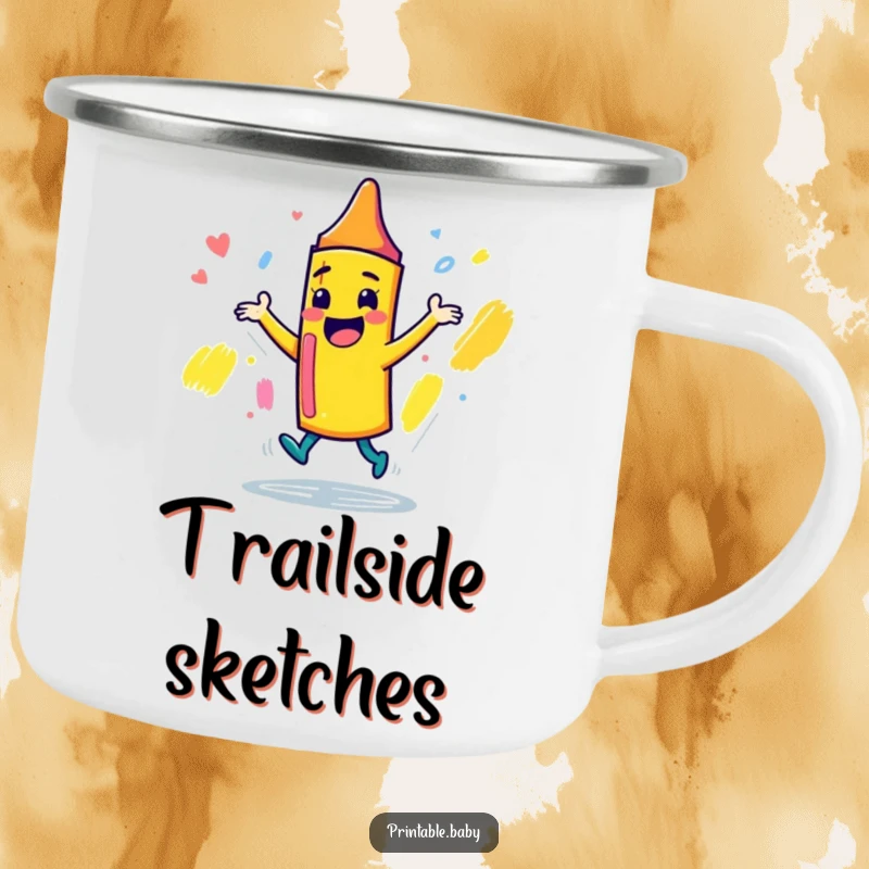Funny playful crayon character camping mug, dancing joyfully around a sketchbook, durable for outdoor use and creative inspiration.