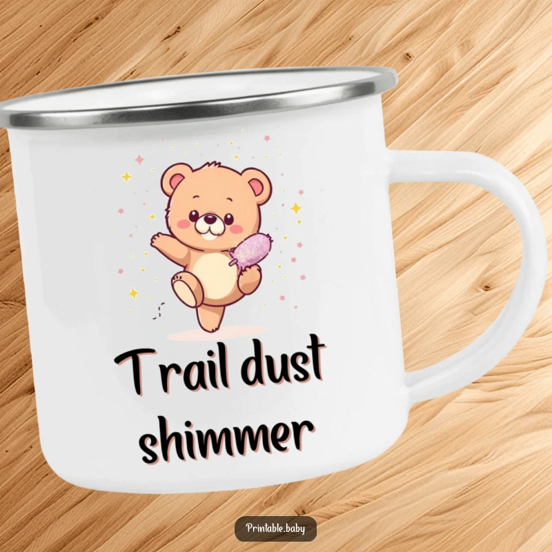 Funny Bear Cub Glitter Camping Mug featuring a tiny bear cub showering in sparkles, perfect for enjoying drinks outdoors with playful humor.
