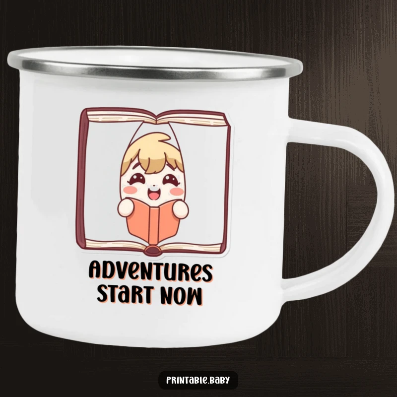 Funny Camping Mug with a cute book character peeking from pages, smiling, for outdoor reading enthusiasts.
