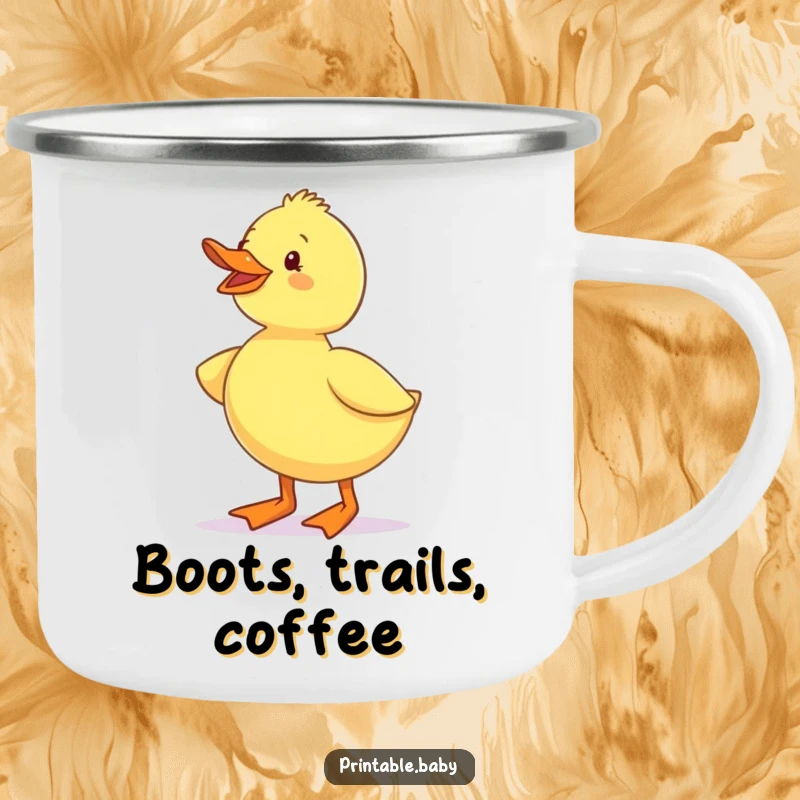 Funny Duckling Waddling Boots Camping Mug: A rugged mug featuring a cheerful duckling sporting tiny boots, ideal for outdoor fun.