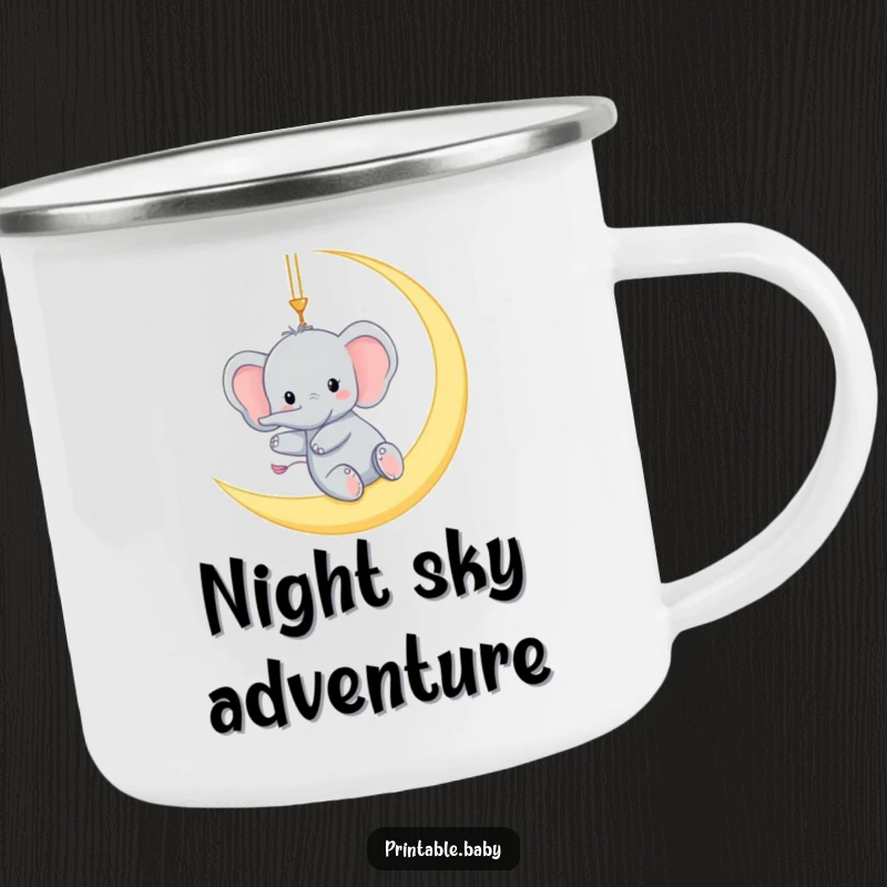 Funny camping mug featuring a tiny elephant gleefully swinging from a crescent moon, a humorous and sturdy mug for night owls.