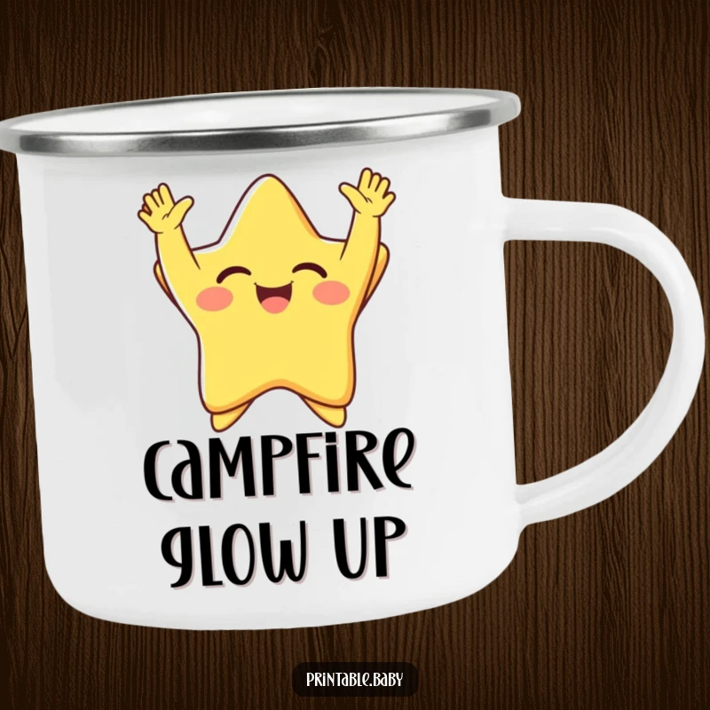 Funny giggling star with arms thrown up in pure joy, radiating happiness, a humorous camping mug for radiant outdoor enjoyment.