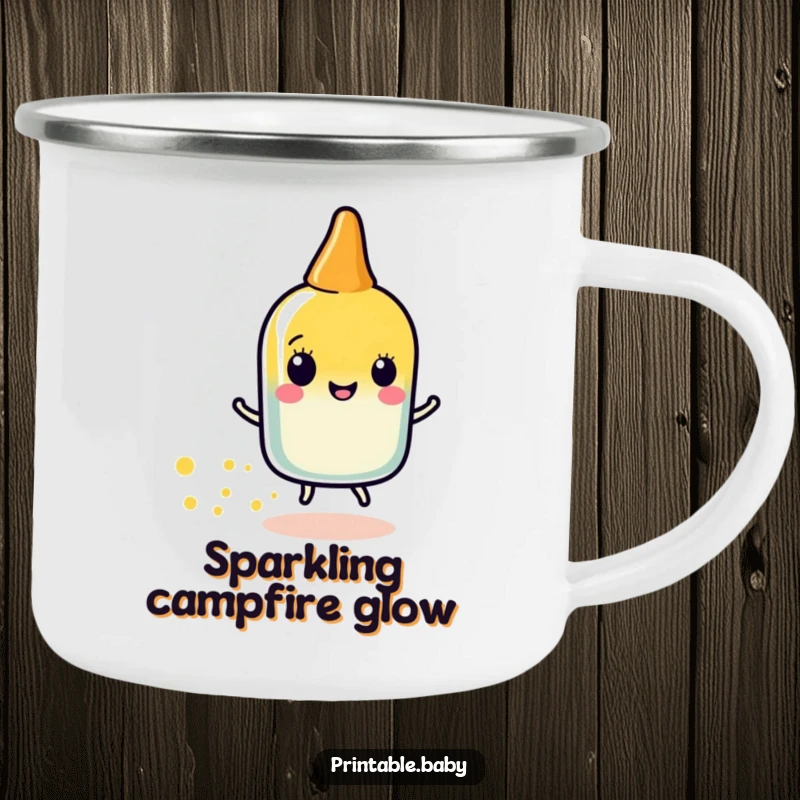 Funny glue stick sparkle camping mug with a happy glue stick character leaving a trail of sparkly dots, durable and creatively fun outdoor gear.