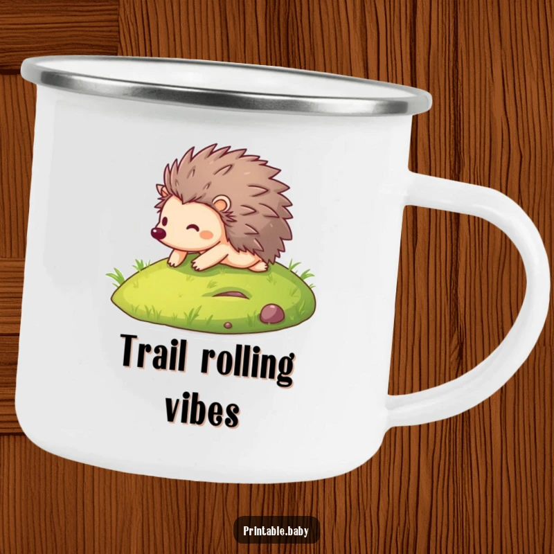 Funny camping mug featuring a happy hedgehog rolling down a hill, ideal for outdoor enthusiasts who love a good laugh.