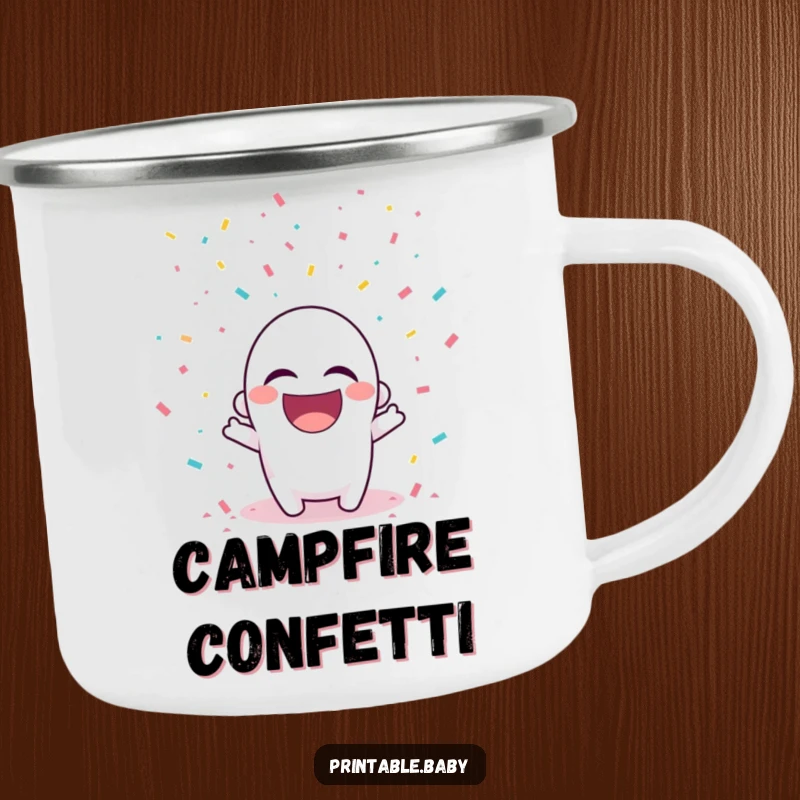 Funny enamel camping mug with a laughing hole punch character with falling confetti.