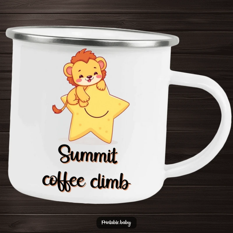 Funny camping mug featuring a brave lion cub climbing a smiling star, perfect for outdoor enthusiasts and dreamers.